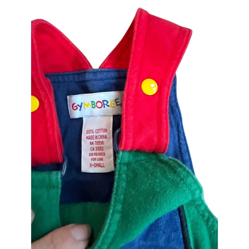 Vintage Gymboree Kids Blue Red Green Colorblock Truck Overalls Romper XS Cotton